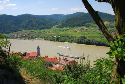 High angle view of river by landscape against sky