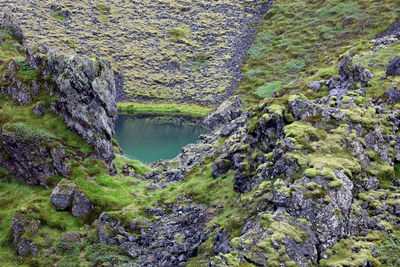 High angle view of water flowing through rocks