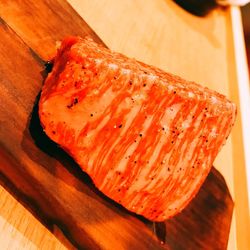 High angle view of meat on barbecue grill