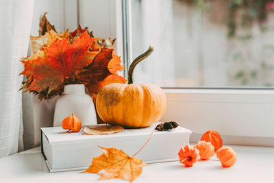 Autumn decoration of dry leaves, books, pumpkins and tea mugs.