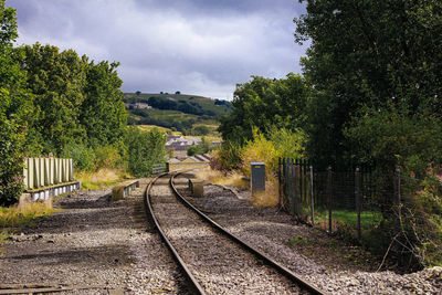 Railroad track amidst trees against sky