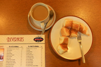 High angle view of breakfast served on table