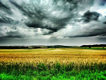 Scenic view of field against cloudy sky