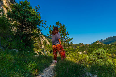 Rear view of person standing on plants against blue sky