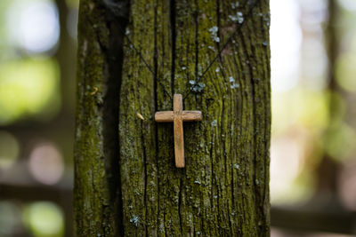 Close-up of cross pendant on wood