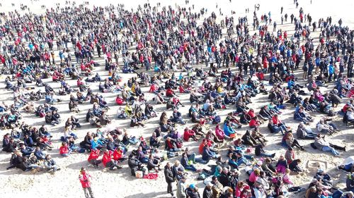 High angle view of people at street