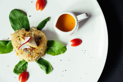 High angle view of breakfast served on table
