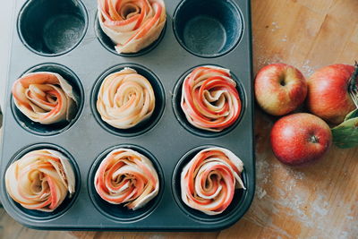 High angle view of apples on table