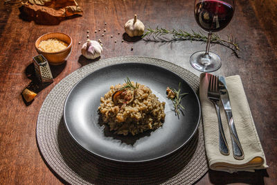 High angle view of meal served on table