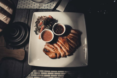 High angle view of food in plate on table