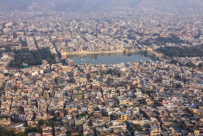 High angle view of buildings in city