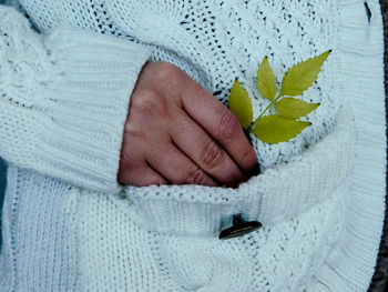 Close-up of woman holding leaf in snow