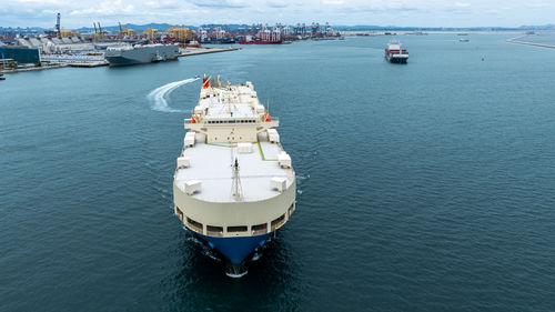 High angle view of boats in sea