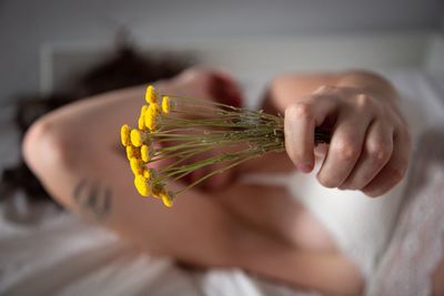 Close-up of woman hand holding red flower