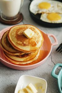 High angle view of breakfast served on table