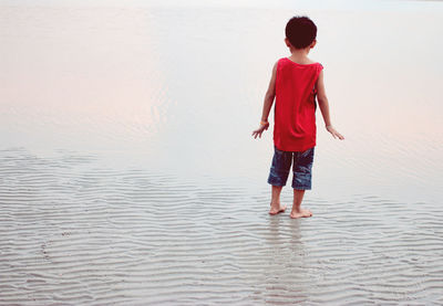 Rear view of boy standing on shore at beach