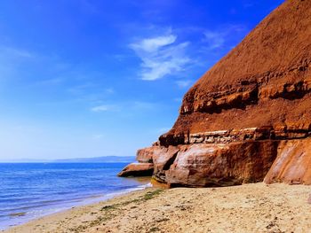 Rock formations by sea against blue sky