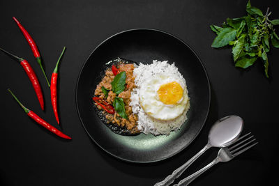 High angle view of breakfast served on table