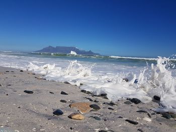 Scenic view of beach against clear blue sky