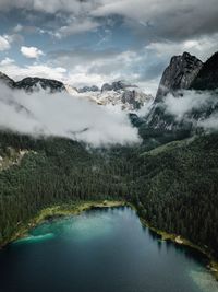 Scenic view of lake and mountains against sky