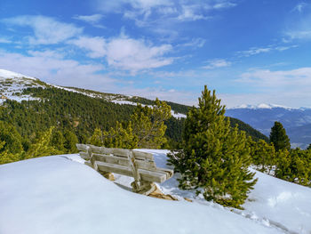 Scenic view of snow covered mountains against sky