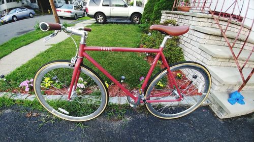 High angle view of bicycle parked in parking lot