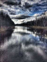 Scenic view of lake against cloudy sky