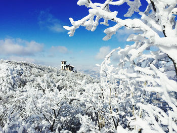 Snow covered landscape against sky