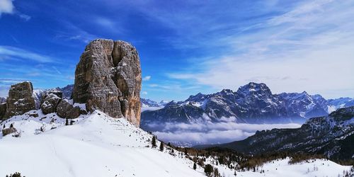 Scenic view of snow covered mountains against sky