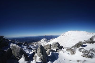 Scenic view of snowcapped mountains against clear blue sky