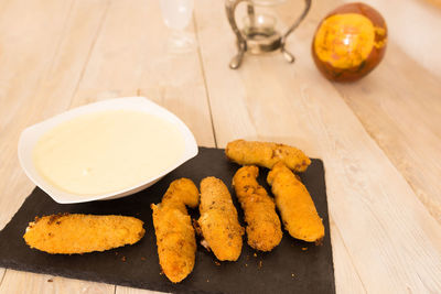 High angle view of cookies in plate on table