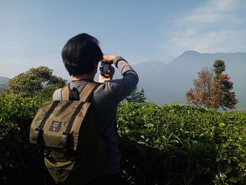 Man having picnic in tea garden, taking photo in plantation area bogor 