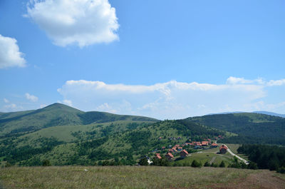 Small mountain village surrounded with pine trees in spring