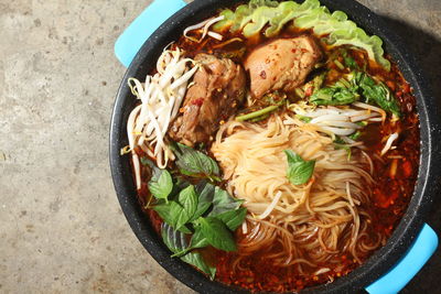 High angle view of food in bowl on table