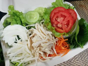 High angle view of chopped vegetables in plate