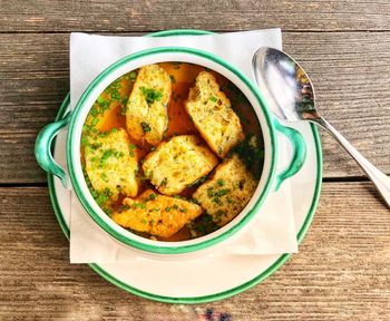 High angle view of soup in bowl on table