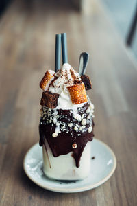 Close-up of ice cream on table