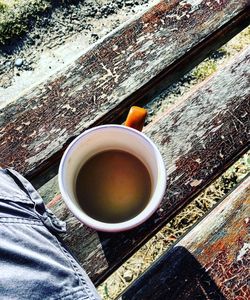 High angle view of coffee cup on table