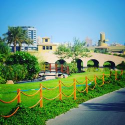 View of buildings against clear sky