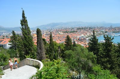 High angle view of townscape by trees against sky