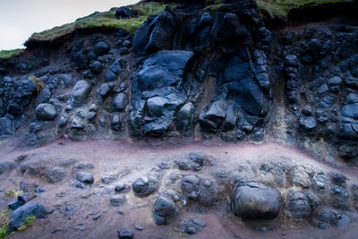 Close-up of rock formation against sky