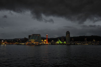 City at waterfront against cloudy sky