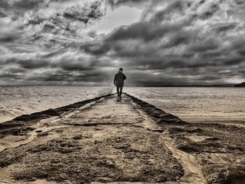 Rear view of man standing on beach against sky