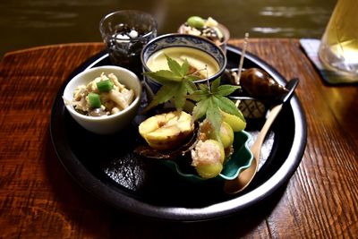 High angle view of food in plate on table