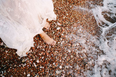 High angle view of woman standing by pebbles on land