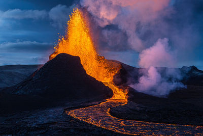 Panoramic view of volcanic mountain against sky