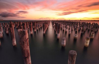 Row of wooden posts in the dark