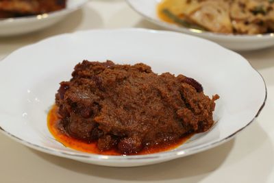 High angle view of food in plate on table