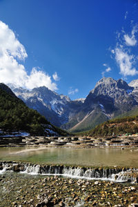 Scenic view of lake by snowcapped mountains against sky