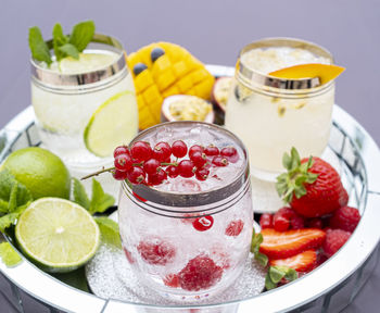 Close-up of fruits in glass on table